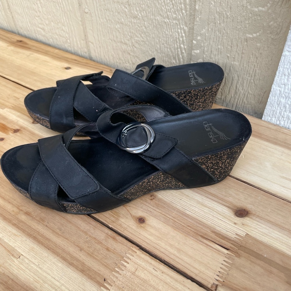 Dansko Black Wedge Sandals with Crisscross Straps